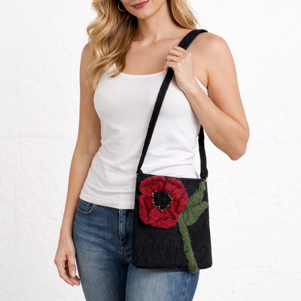 Handmade Wool Crossbody Black Felt Crochet Red Flower Boho Artisan Shoulder Bag